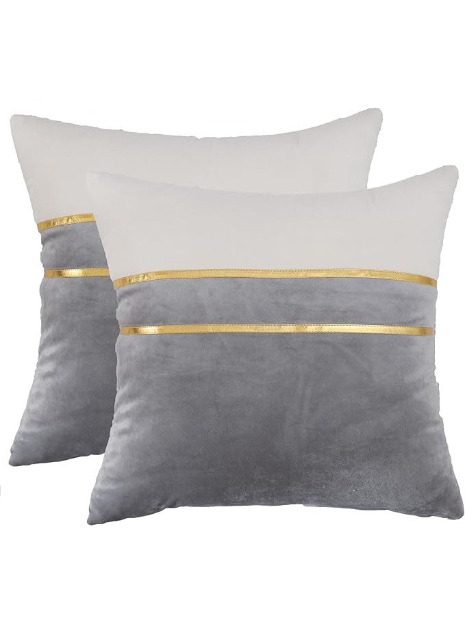 Cushion Covers, Set of 2 Velvet Pillow Covers with Golden Leather, Decorative, Modern, for Sofa/Couch, Garden Bed, Living Room, Bed Throw Cushions ,Gray, 45 x 45cm - Image 1